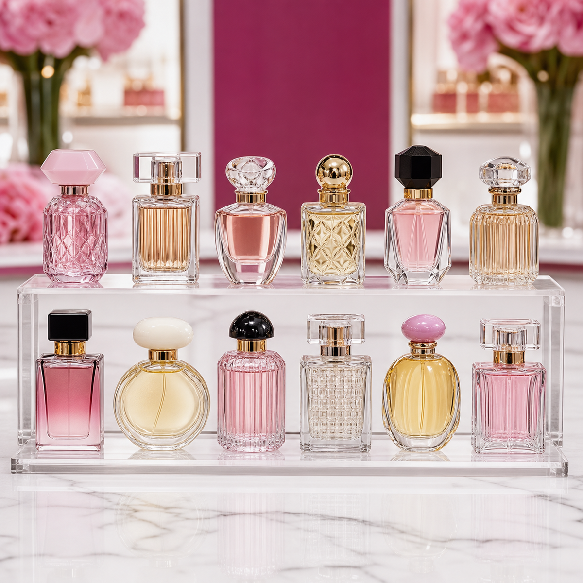 12 bottle mini perfume best seller set on two tier acrylic display