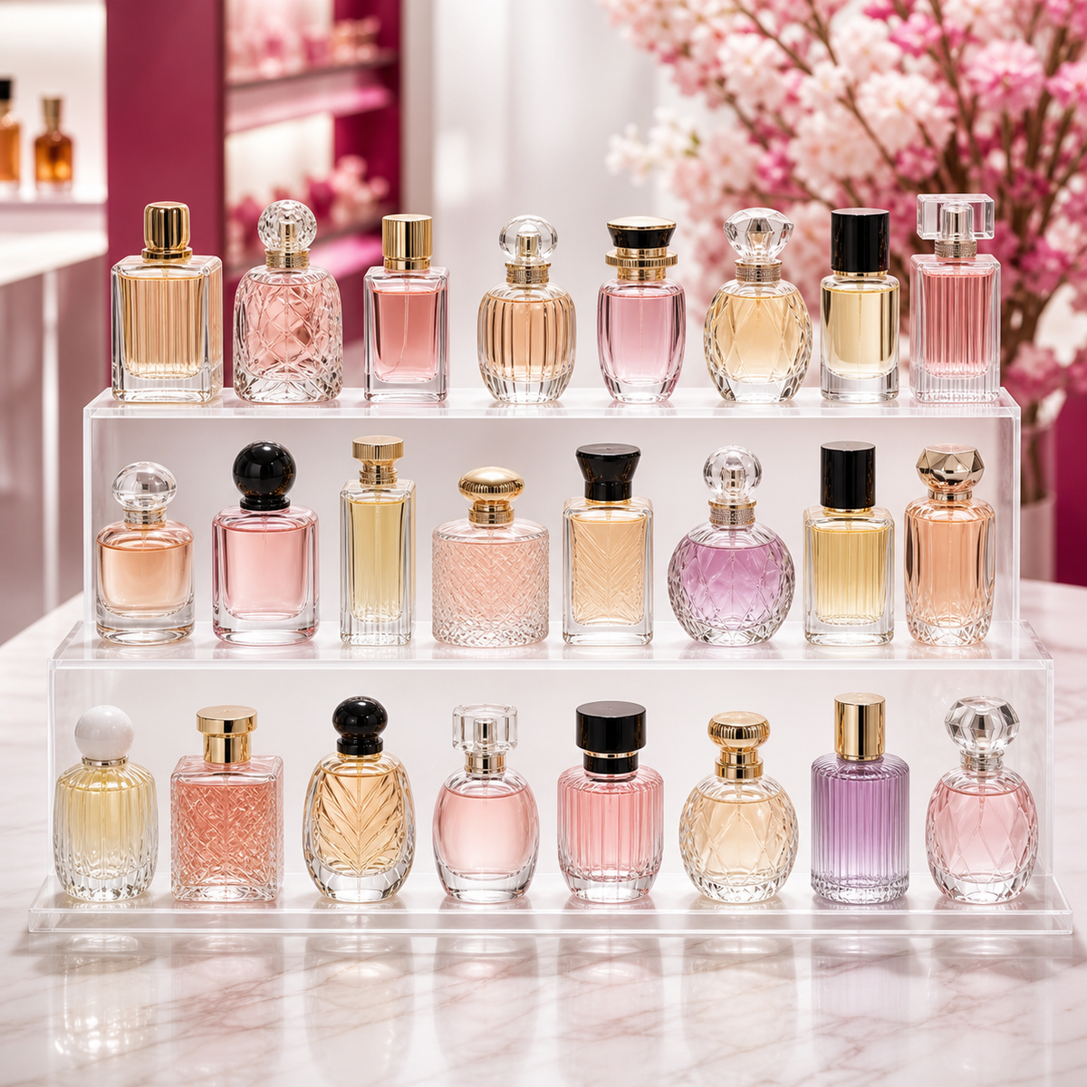 24 bottle mini perfume collector set on three tier acrylic display