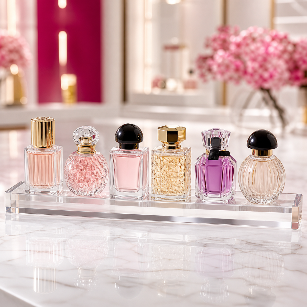 6 bottle mini perfume discovery set on white and magenta perfume counter