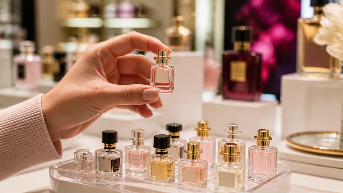 A miniature perfume bottle shown in hand for scale